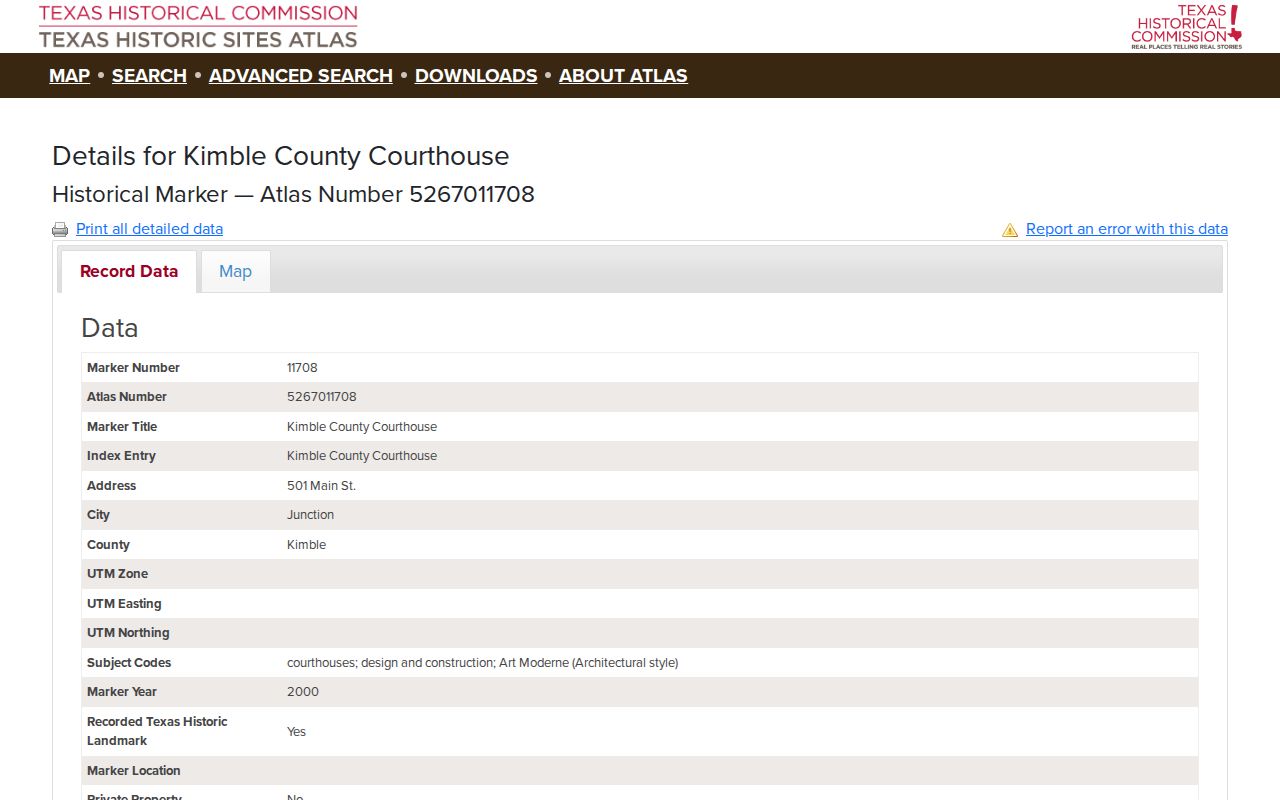 Texas Historic Sites Atlas record for the Kimble County Courthouse