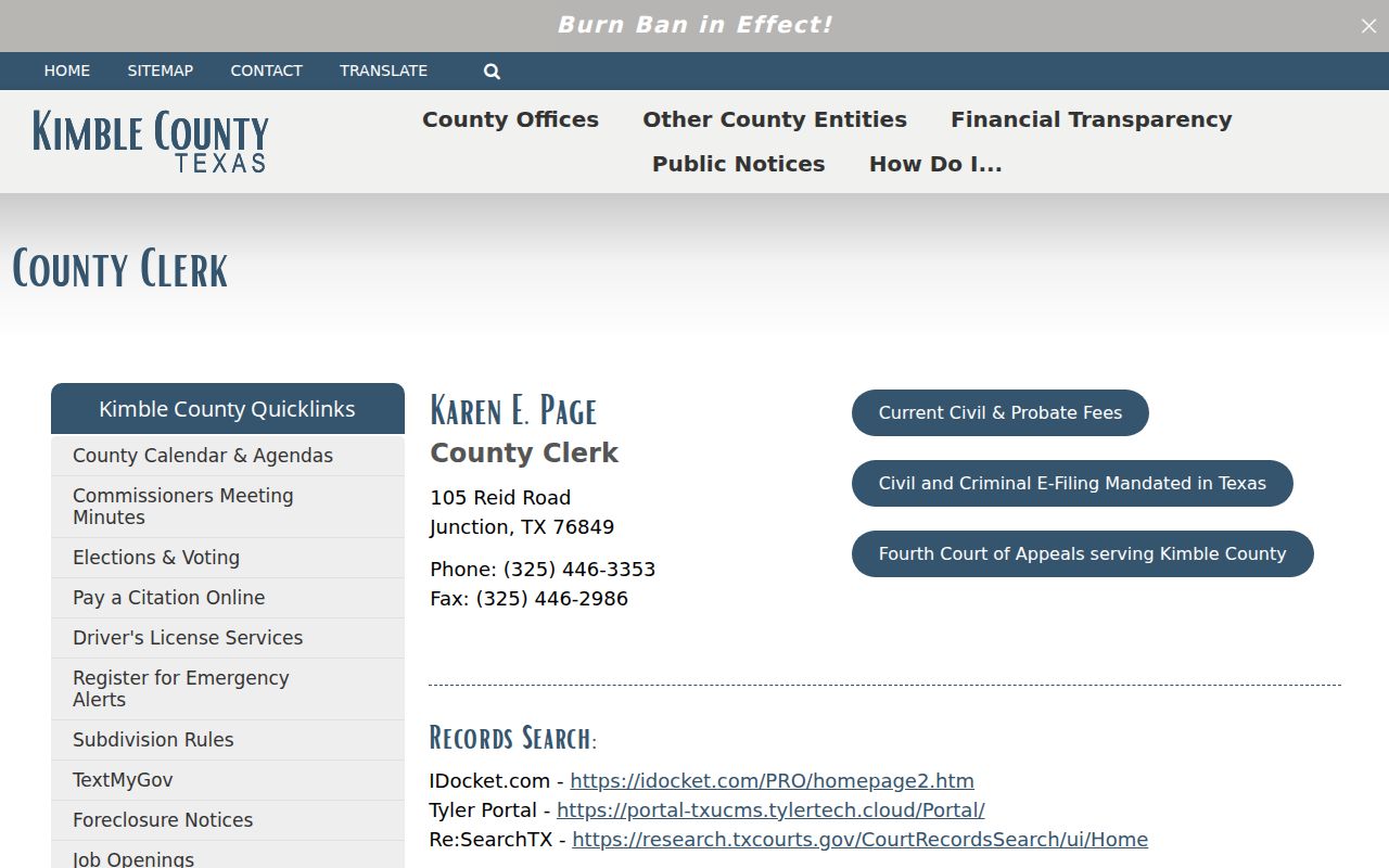 Kimble County civil docket County Clerk links